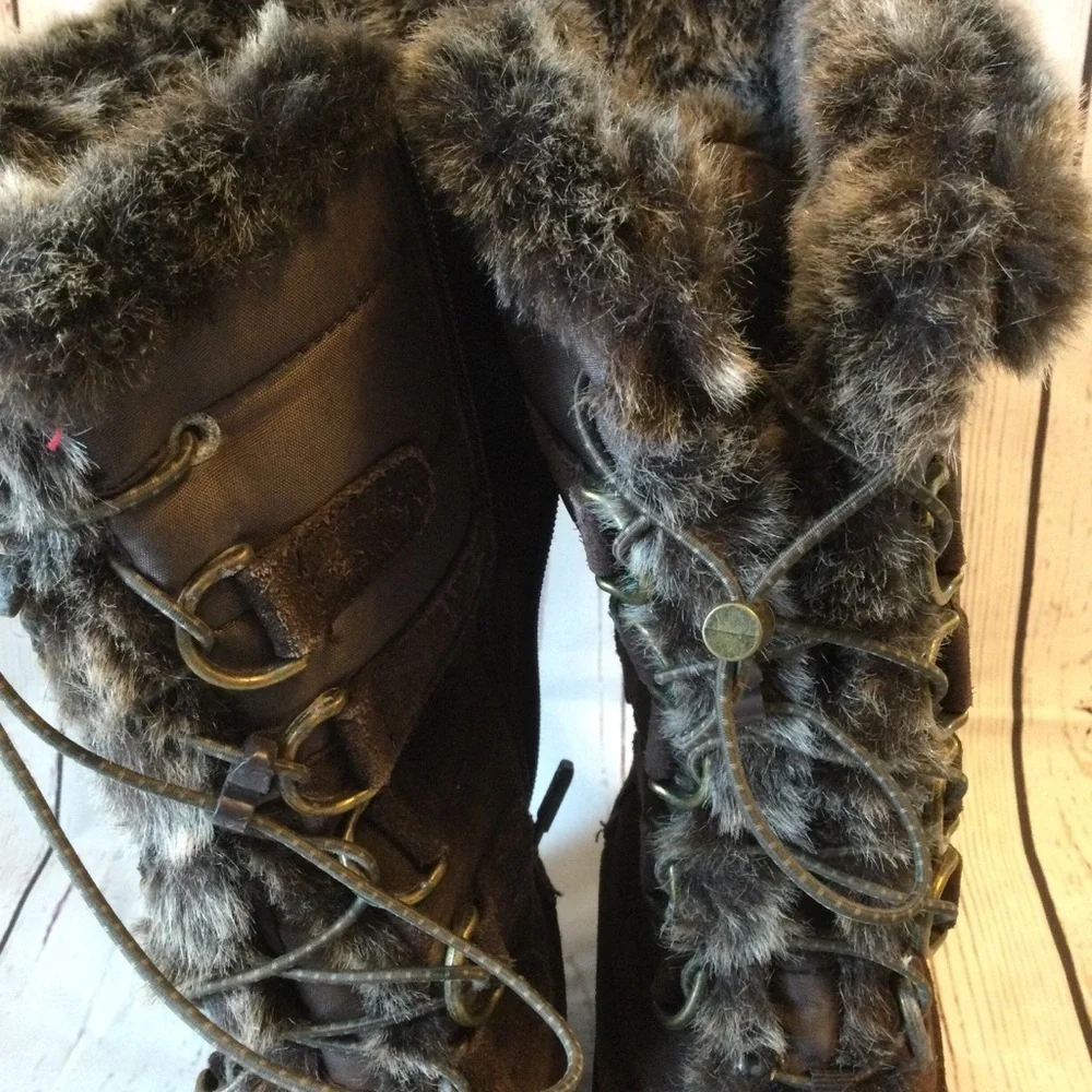 Lands End Women's Warm Brown Fabric & Suede Fur-Lined Winter Boots Zip Size 8.5